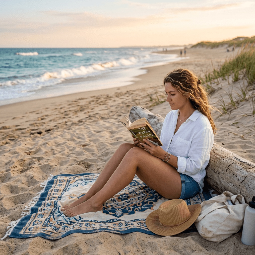 Woman sitting on a patterned beach blanket reading the book 'The Paper Palace' near a driftwood log