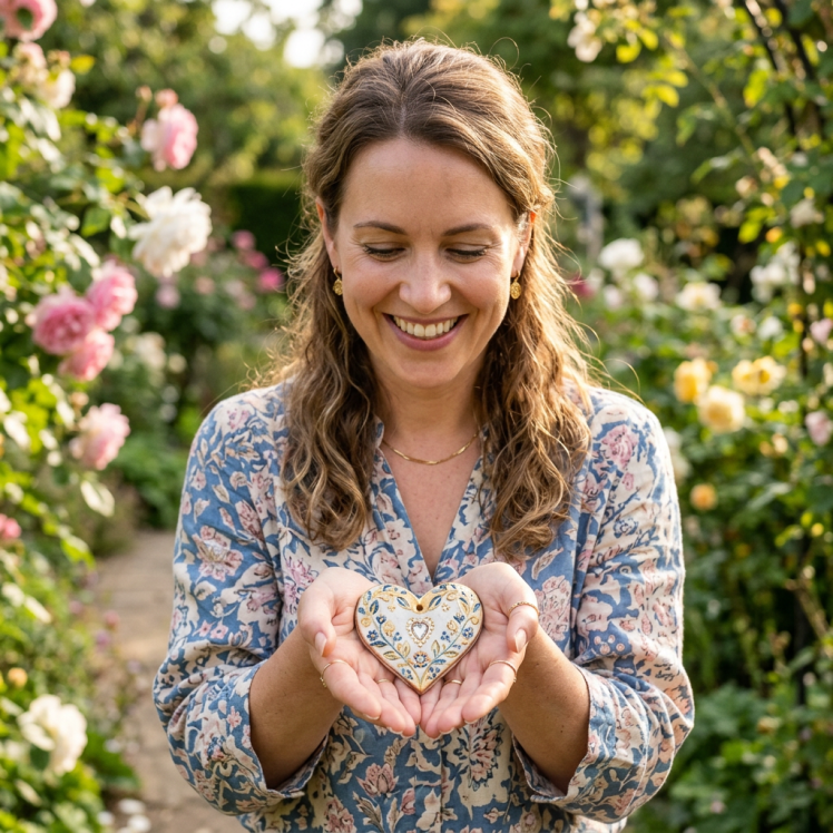 Smiling woman holding blue and gold heart-shaped ornament in garden