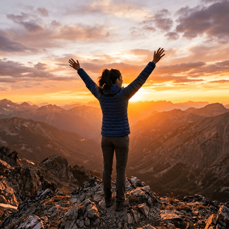Hiker with raised arms standing on rocky mountain summit at sunset