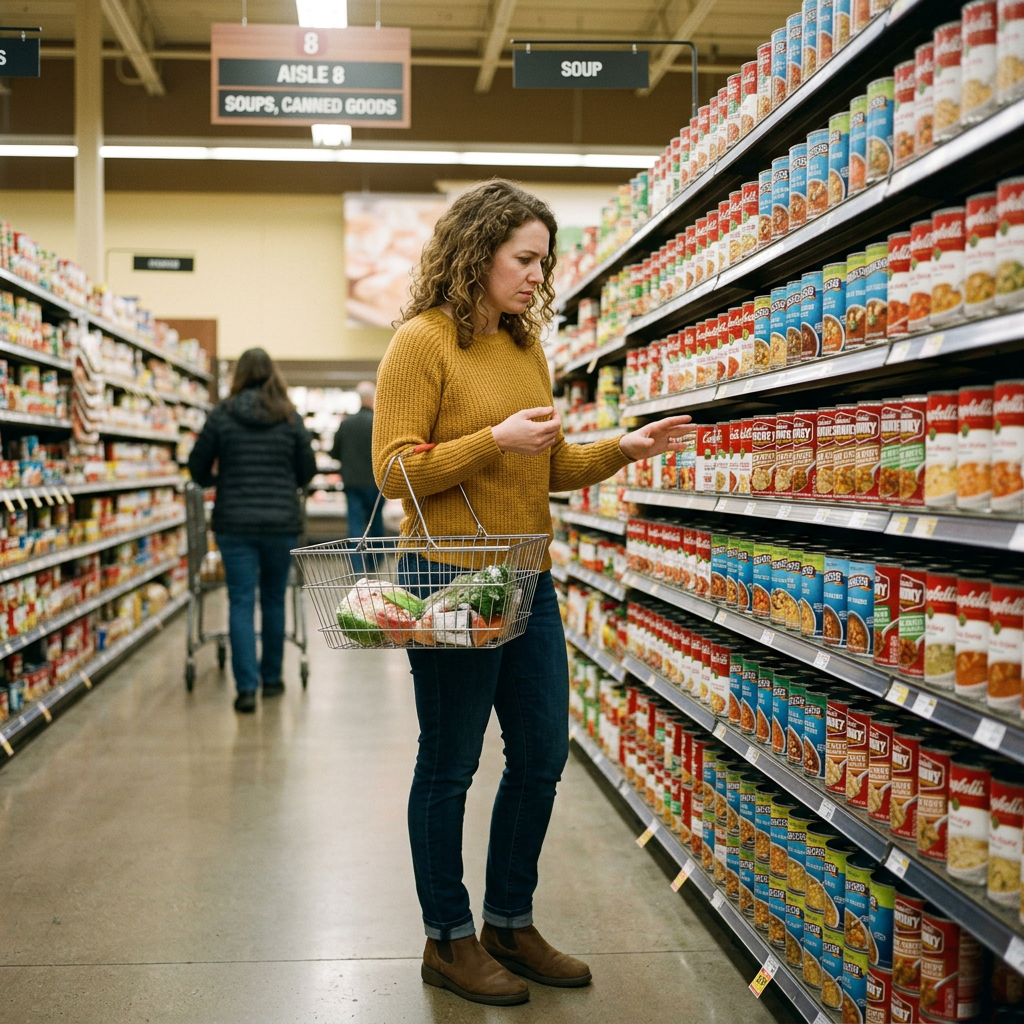 Woman holding a basket and selecting canned soups in grocery store aisle