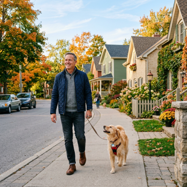 Man walking a golden retriever dog on sidewalk in a residential neighborhood with autumn foliage