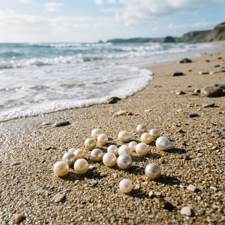 Various pearls scattered on sandy beach with ocean waves in background