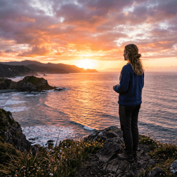Person standing on rocky cliff overlooking ocean sunset with colorful sky