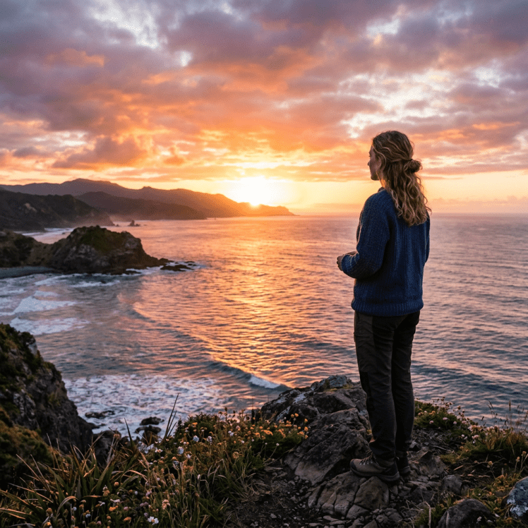 Person standing on rocky cliff overlooking ocean sunset with colorful sky