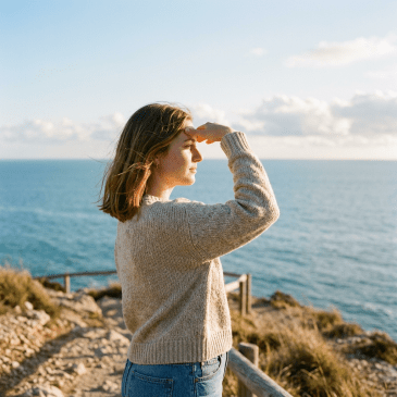 Woman standing on a cliff by the ocean shielding her eyes from sunlight