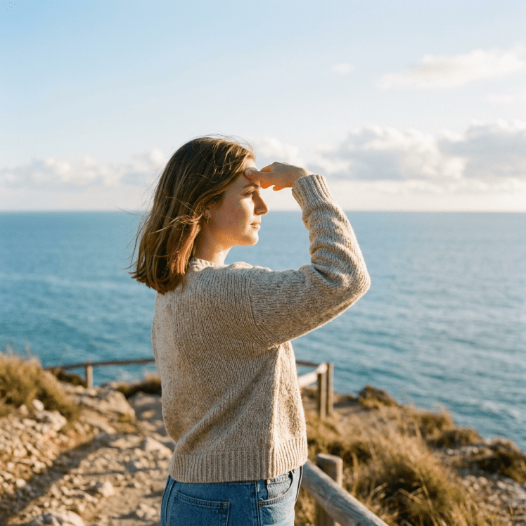 Woman standing on a cliff by the ocean shielding her eyes from sunlight