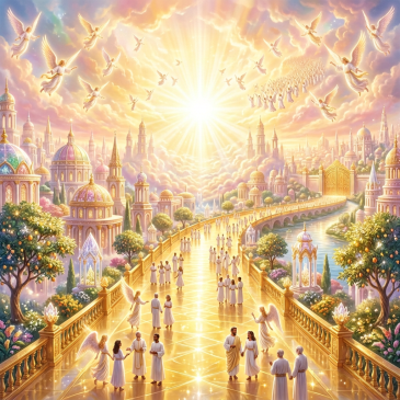 Radiant celestial city with angels walking along golden pathways toward a glowing temple