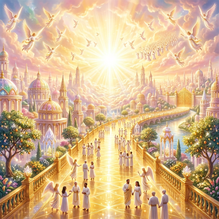 Radiant celestial city with angels walking along golden pathways toward a glowing temple