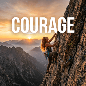Woman walking along a beach at sunset beneath the word COURAGE
