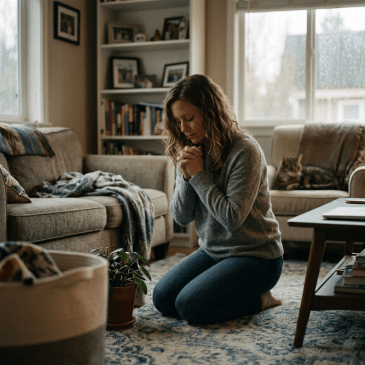 Woman kneeling on rug and tending to a potted houseplant