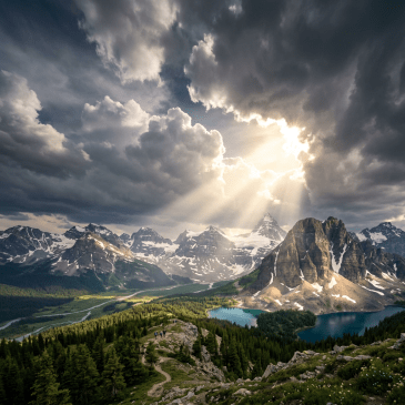 Snow-capped mountain valley with turquoise lakes beneath dramatic clouds