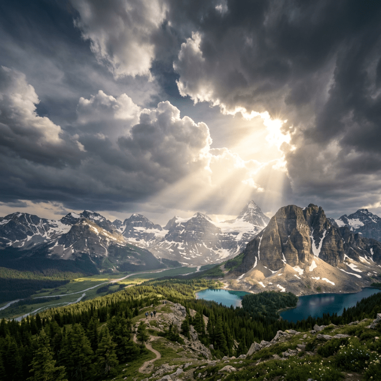 Snow-capped mountain valley with turquoise lakes beneath dramatic clouds