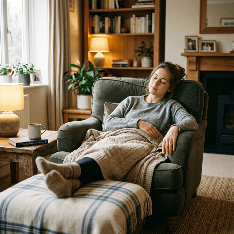 Woman resting in an armchair with a blanket in a cozy living room
