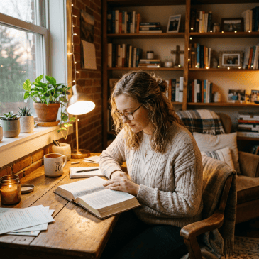 Woman reading an open book at a desk in a cozy library